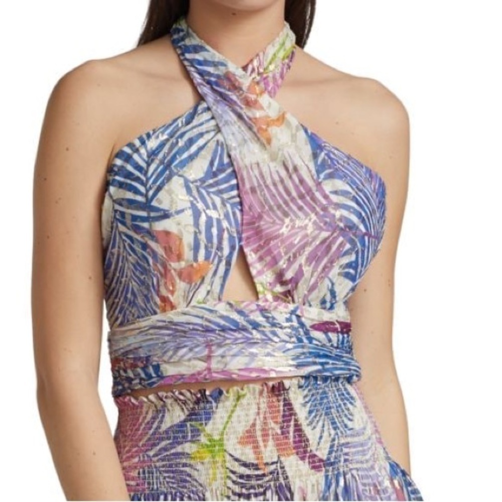 RAMY BROOK Louisa Metallic Print Crop Halter top S NWT